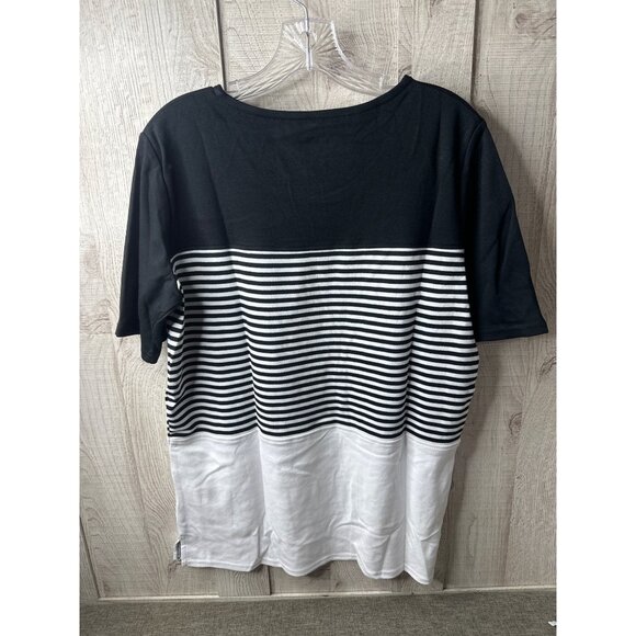 Blair Womens Size Medium Black & White Striped Colorblock Short-Sleeve Top - Picture 2 of 7